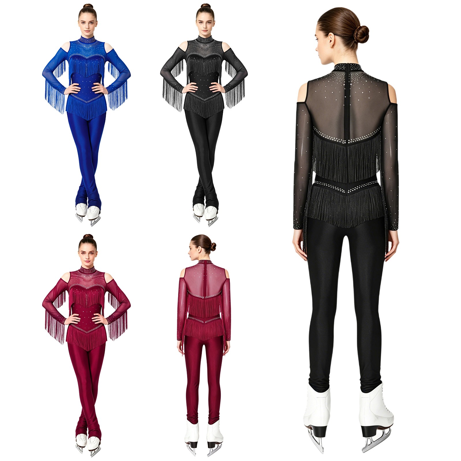 US YiZYiF Lady Figure Skating Jumpsuit Cold Shoulder Rhythmic Gymnastics Leotard