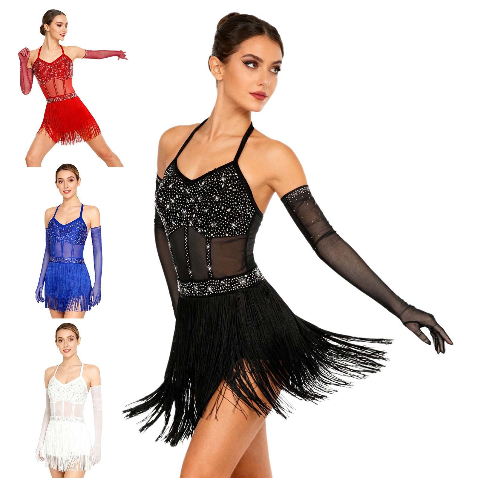 Women’s Rhinestones Tango Tassel Latin Dance Dress Leotard Ballroom Costume