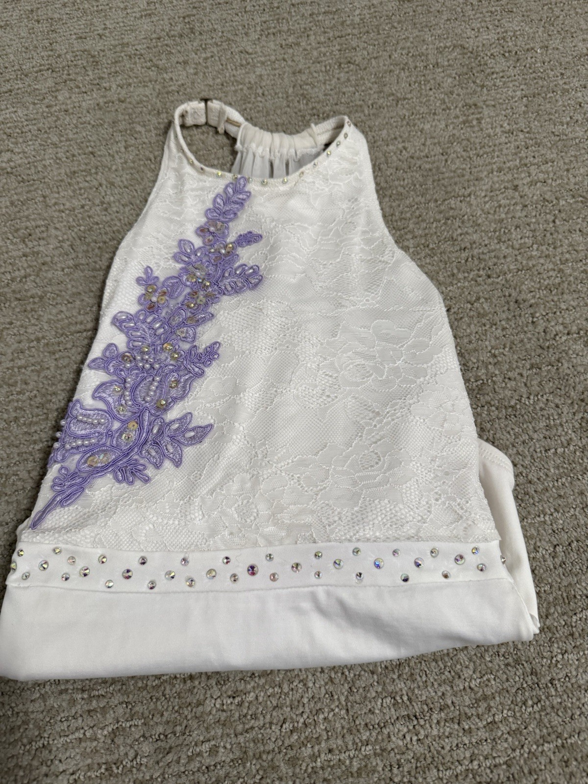 White Dance Leotard Size Small Beautiful Bedazzle Stones Light purple Appliqué