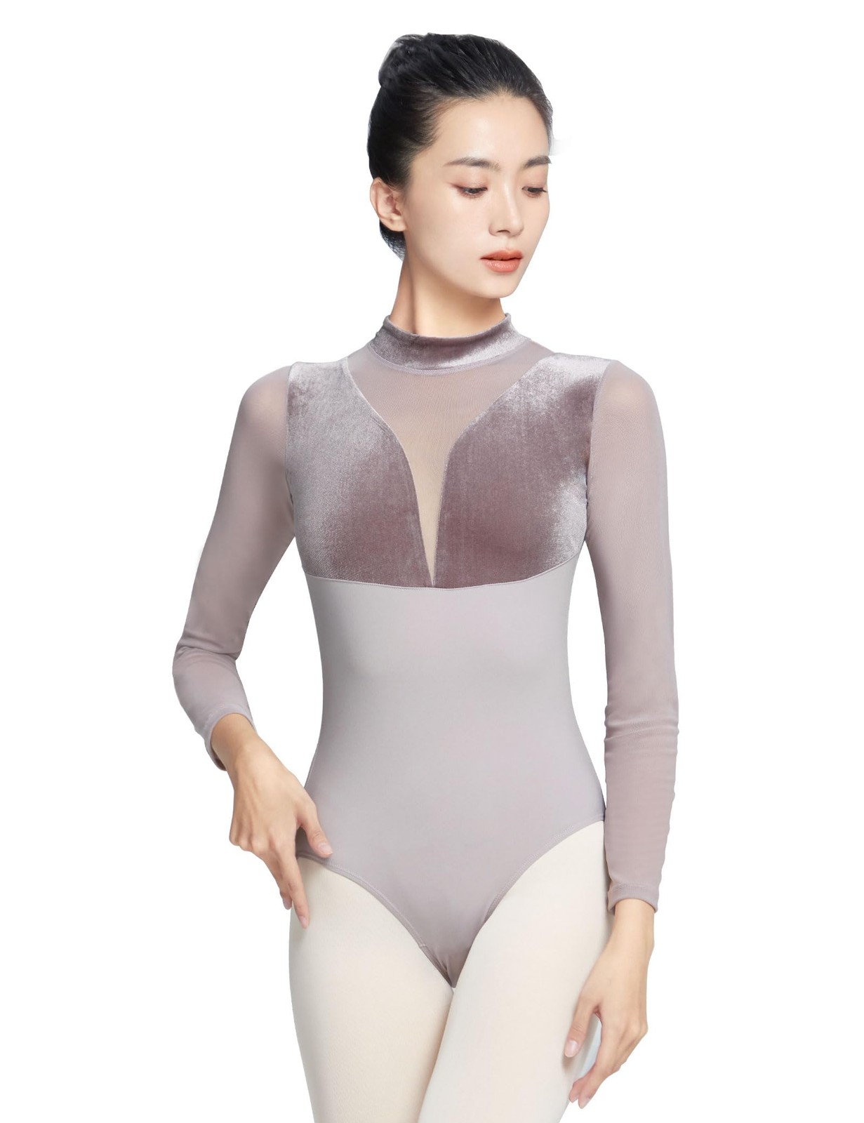 Women’s Turtleneck Ballet Leotard With Mesh Long Sleeve, Velvet Dance & Gymna…