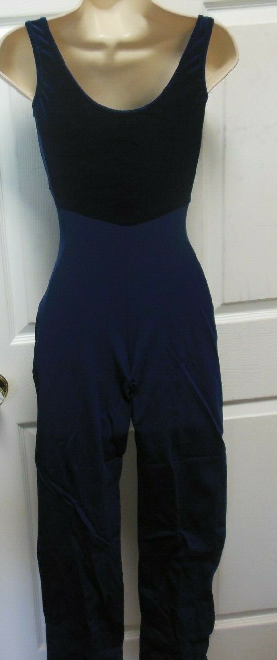 New Dance Jazz Navy Blue Long Unitard Velvet Bodice Cotton Spandex Ladies Ad Sze