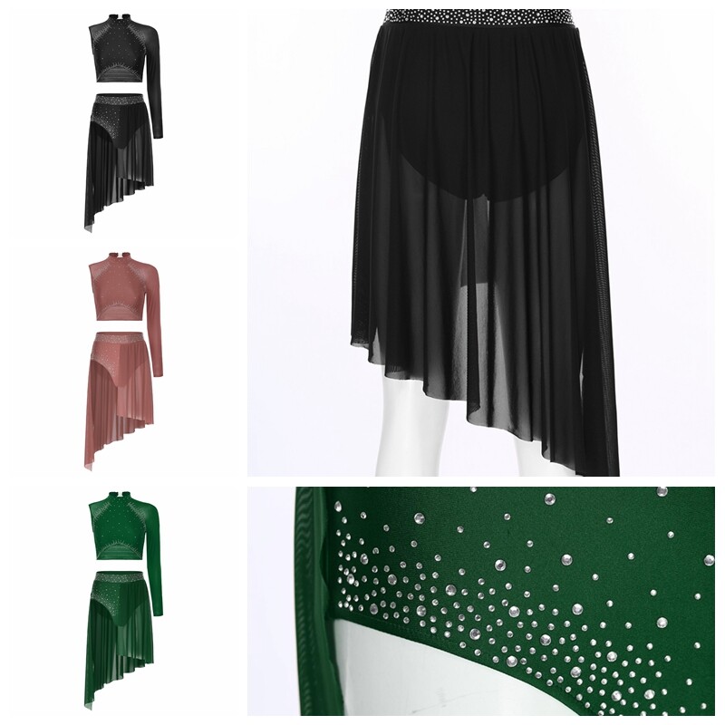 Women Dancewear Stage Outfit Lyrical Costume One Shoulder Top With Skirts 2pcs