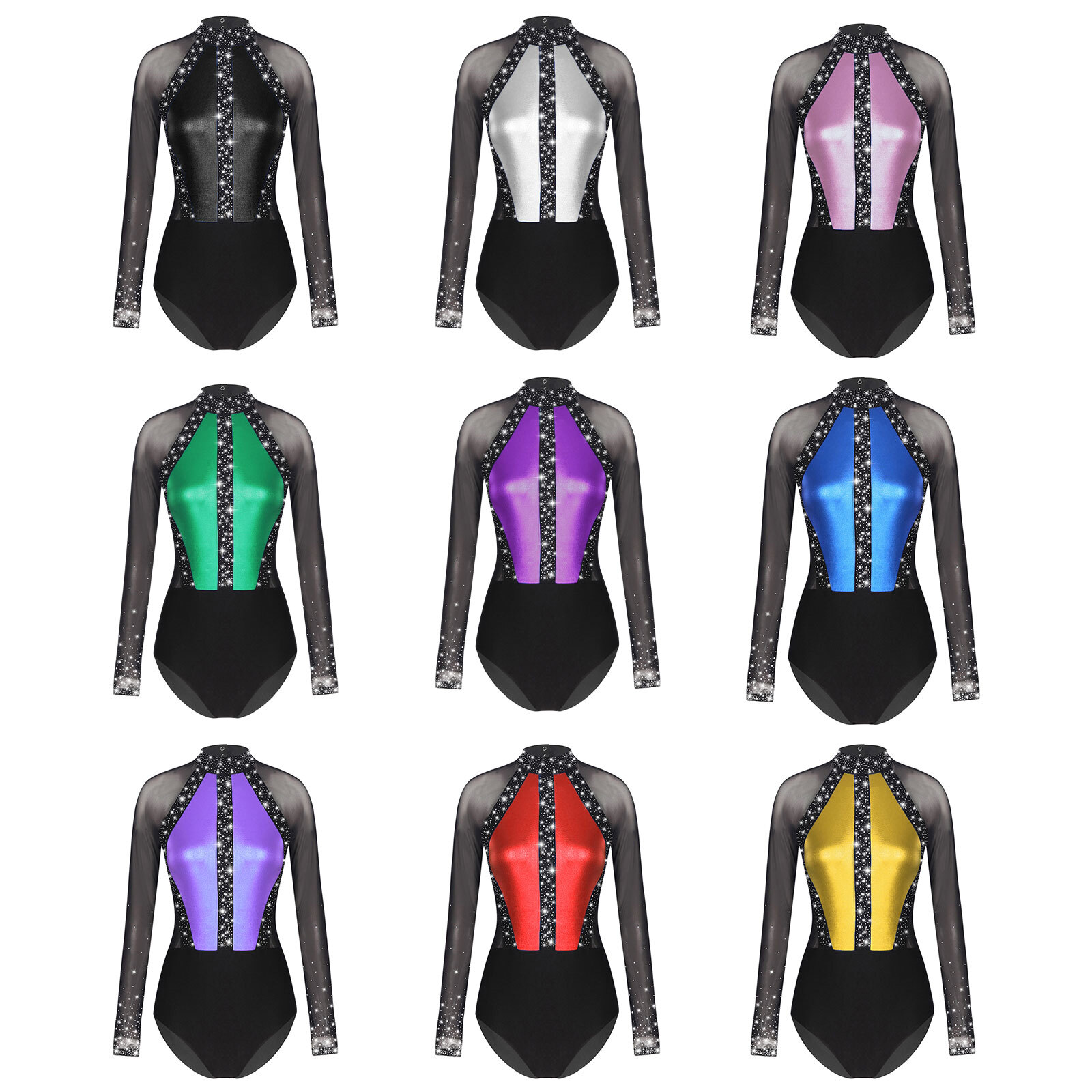 US Womens Leotard Ice Skating Ballet Sparkling Gymnastics Mesh Dancewear Adult