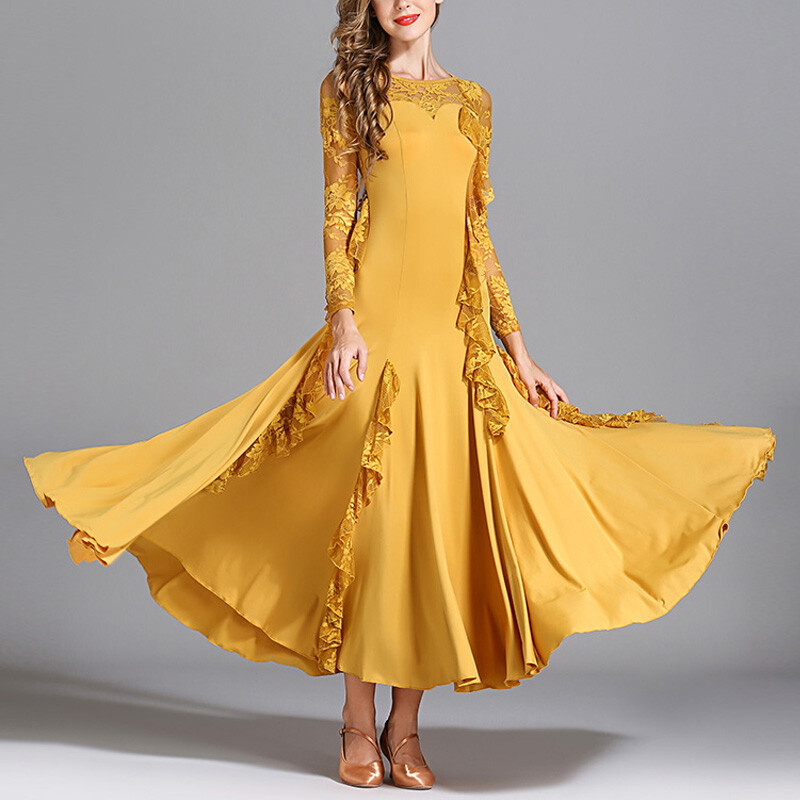 Women Long Sleeve Swing Dance Dress Modern Waltz Professional Ballroom Dancewear