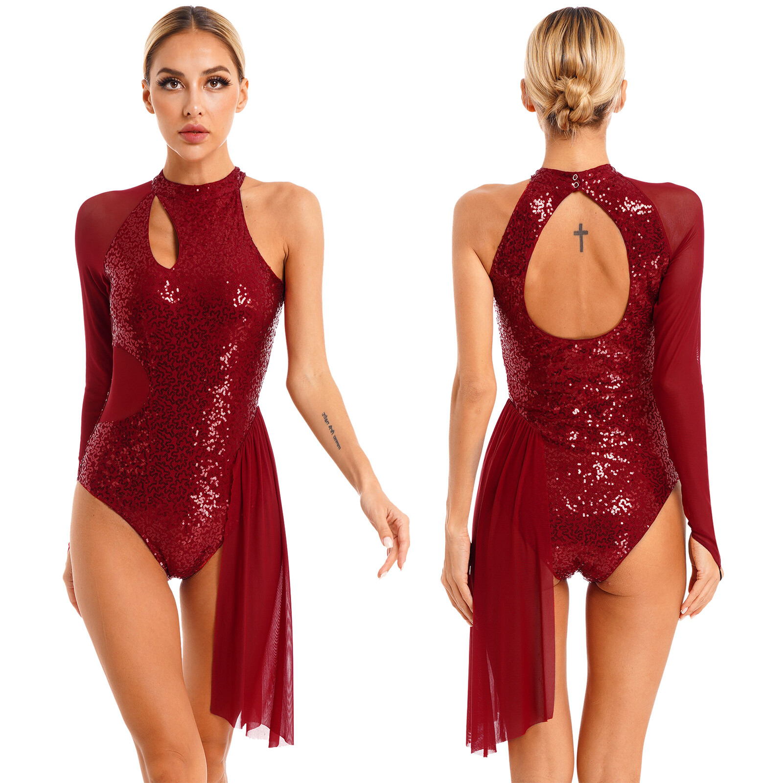 Women Unitard Performance Bodysuit Dance Jumpsuit Figure Skating Dress Mesh