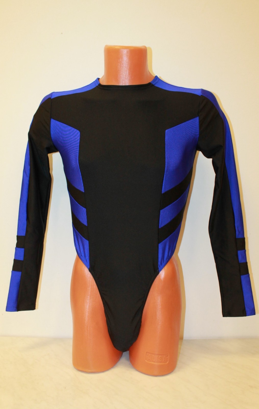 Men Thong Leotard 159-22 Long Sleeve Zipper Back Black and Blue Spandex Size M