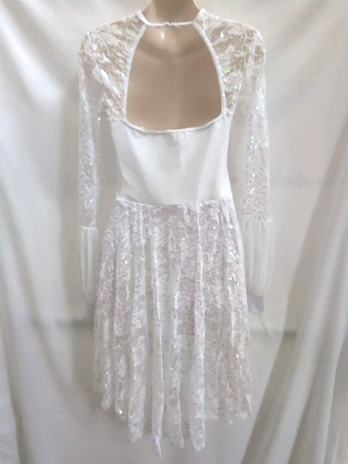 White Lace Pink Sequin Lyrical Dance Costume Dress Long Sleeve Small Adult SA