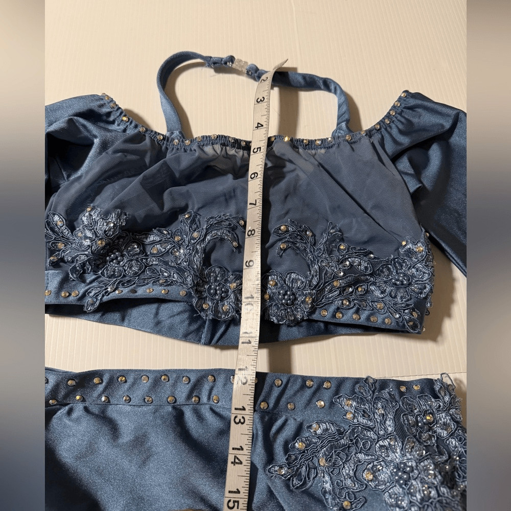 Custom solo dance costume 2 piece light blue long skirt SA-Small adult
