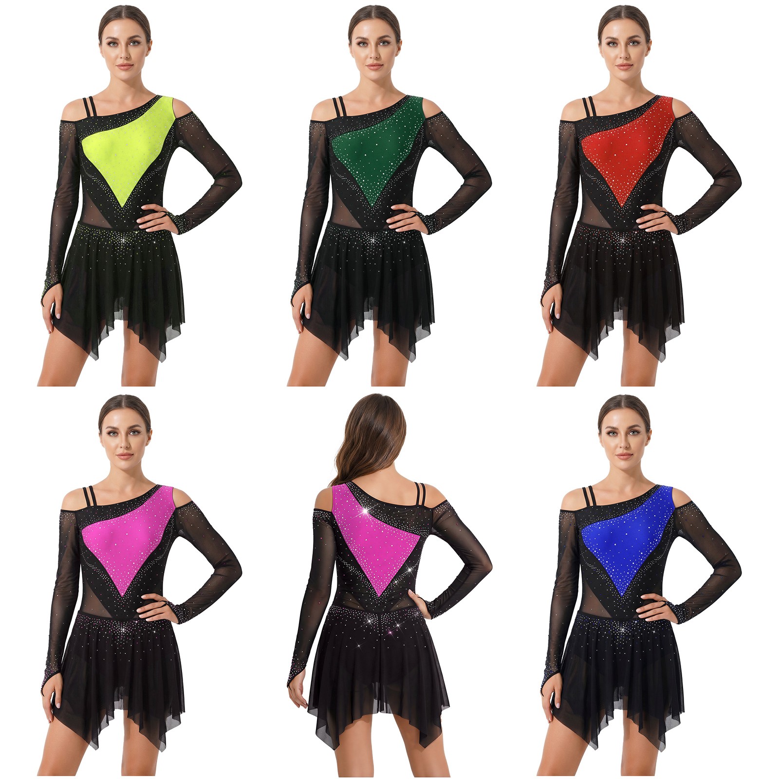 Womens Dancewear Color Block Bodysuit Lyrical Dress Hem Irregular Costume Mesh