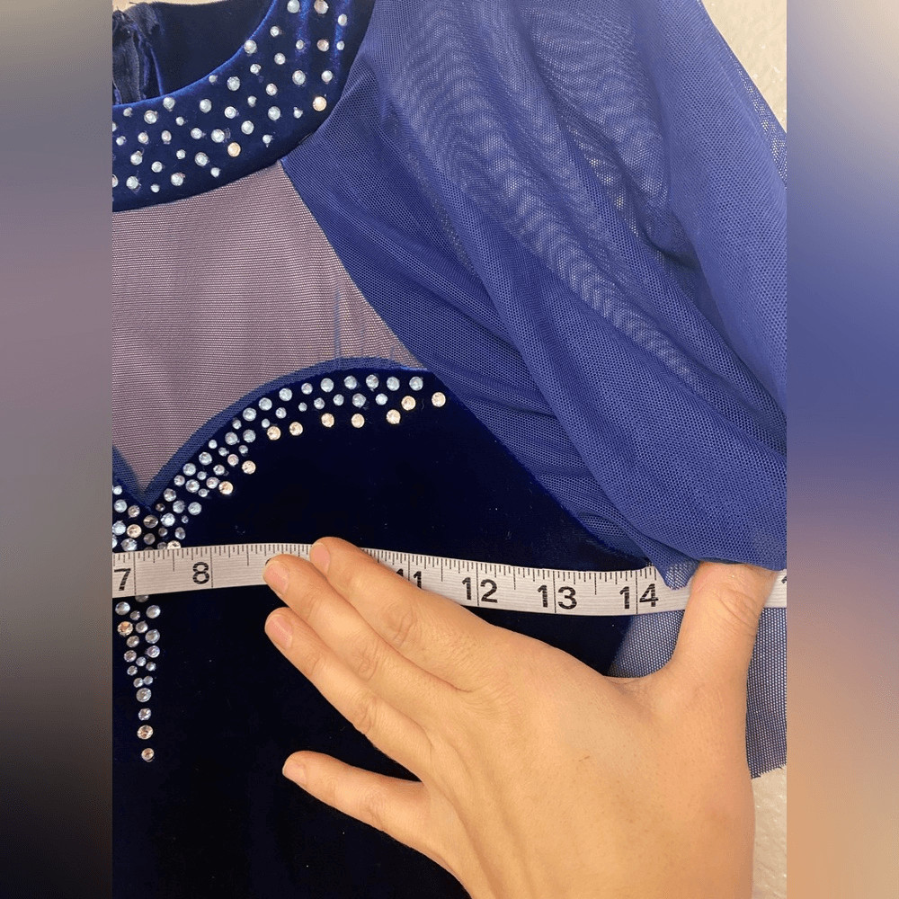 Blue Velvet solo Dance Costume modest custom rhinestoned SA-Small adult