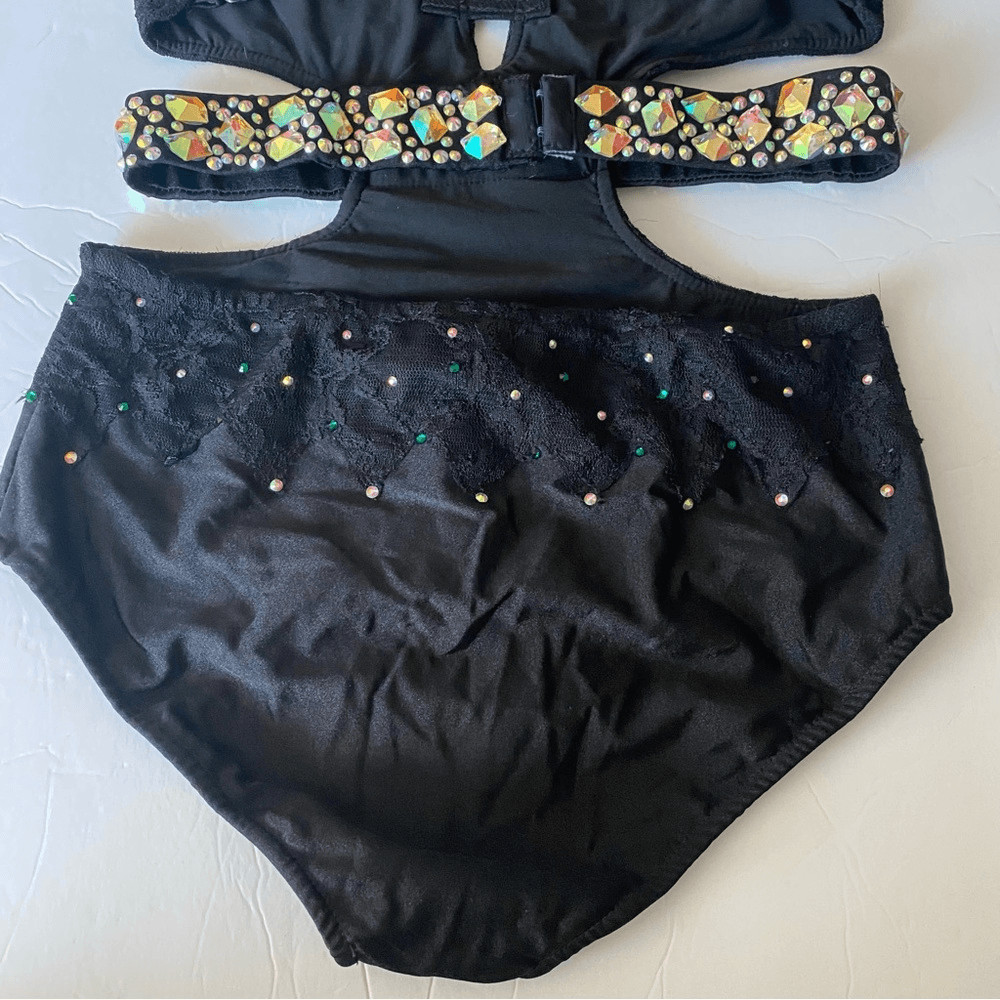 Glamour solo custom dance costume black leotard rhinestone MA-Medium adult