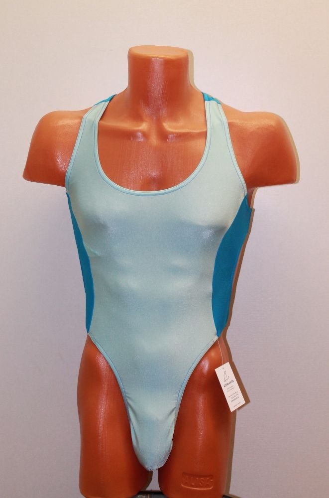 Men Thong Leotard 152-14 Racerback Blue and Light Blue Spandex Size L
