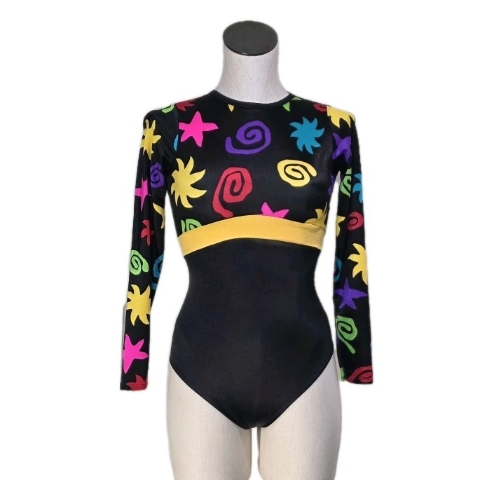 Body Wrappers Vintage 80s Open Back LS Colorful Leotard Dance Preteen Adult XS/S