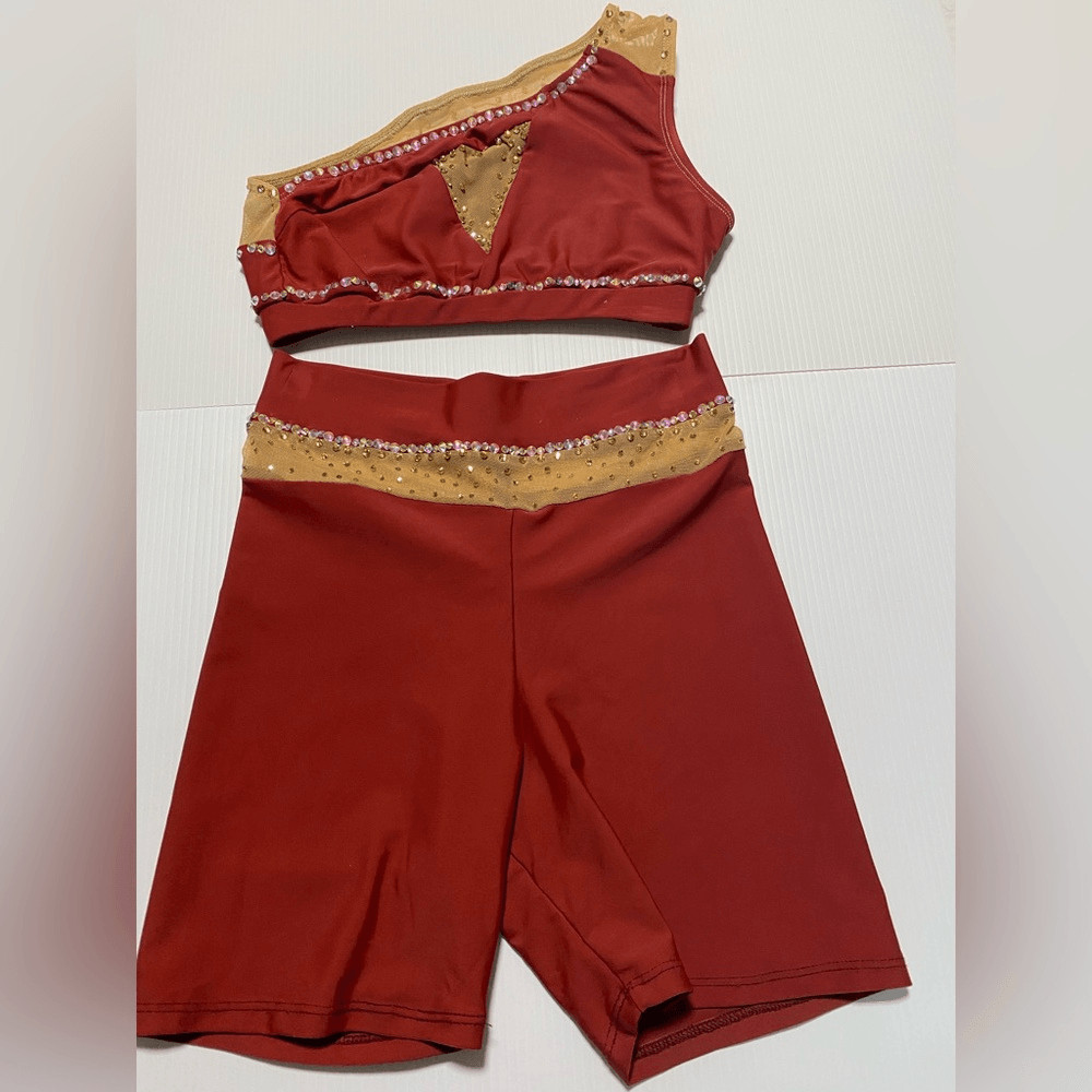 Patrick J designs dance costume solo dark orange red 2 piece top bike shorts XSA