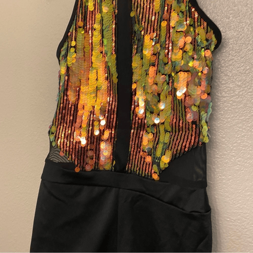 WEISSMAN Dance costume jazz black mesh gold sequin We Will Rock You 14757 SA