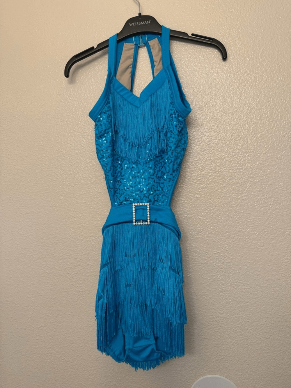 Weissman Elite Dance solo costume teal aqua Fringe Can You Do This D12439 XSA