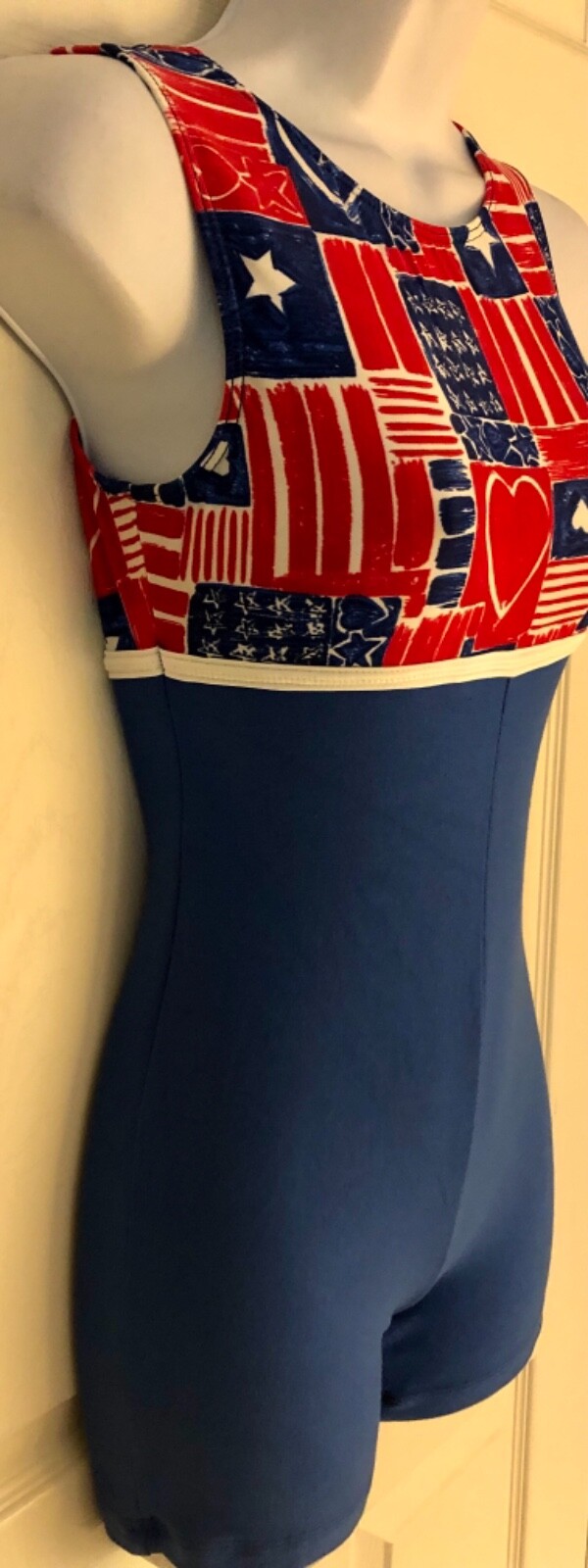 GK DANCE BIKETARD ADULT SMALL FREEDOM PRINT N/S ROYAL COTTON WORKOUT GYM TANK AS