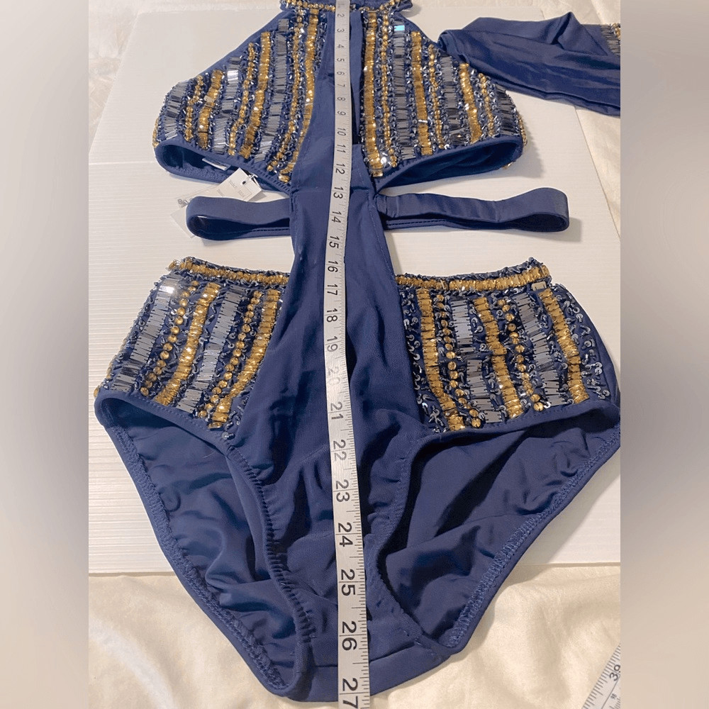 Glamour solo dance costume 5534 navy blue leotard sequin MA-Medium adult NWT