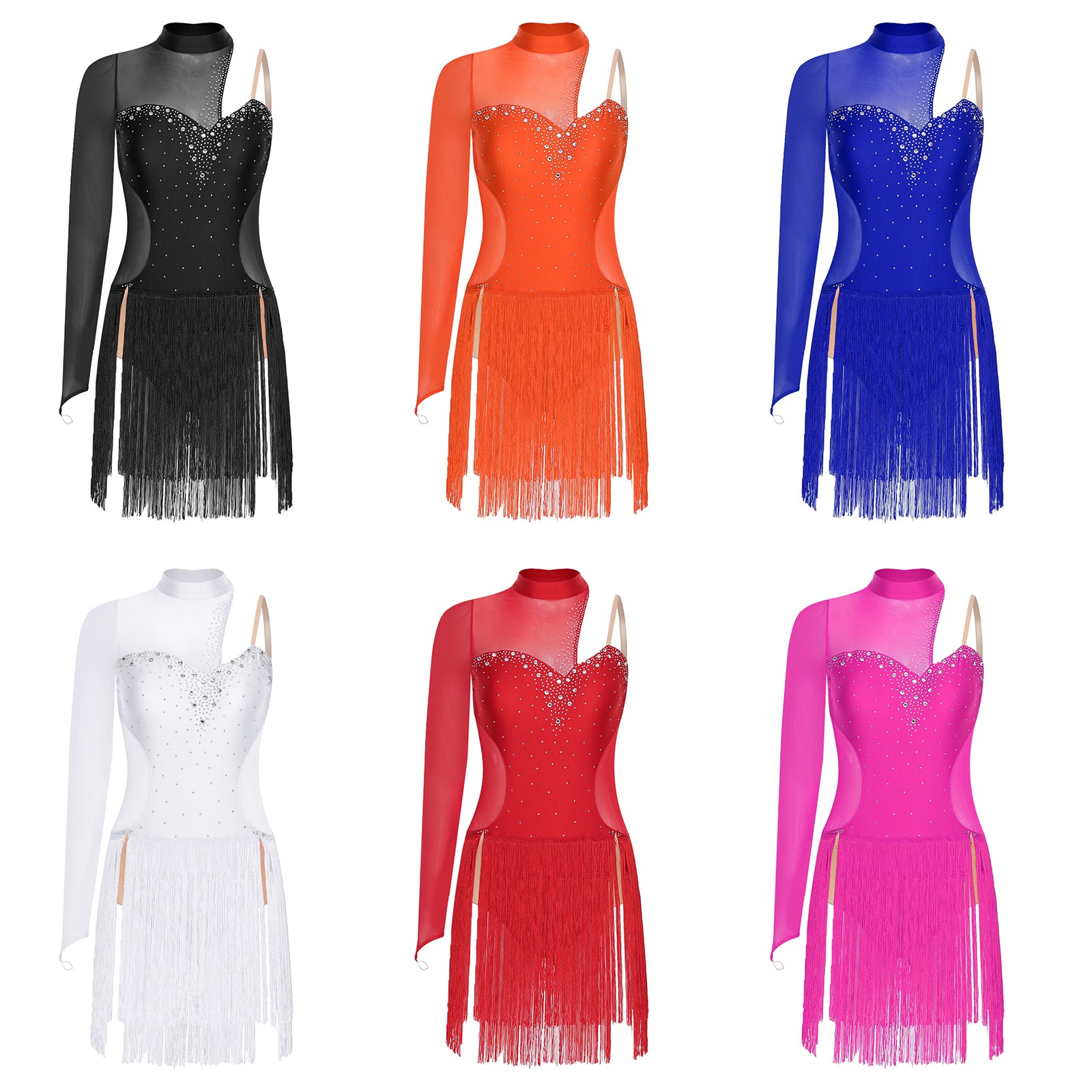 Women’s Ballroom Dance Dress Single Sleeve Asymmetrical Fringed Dress Dancewear