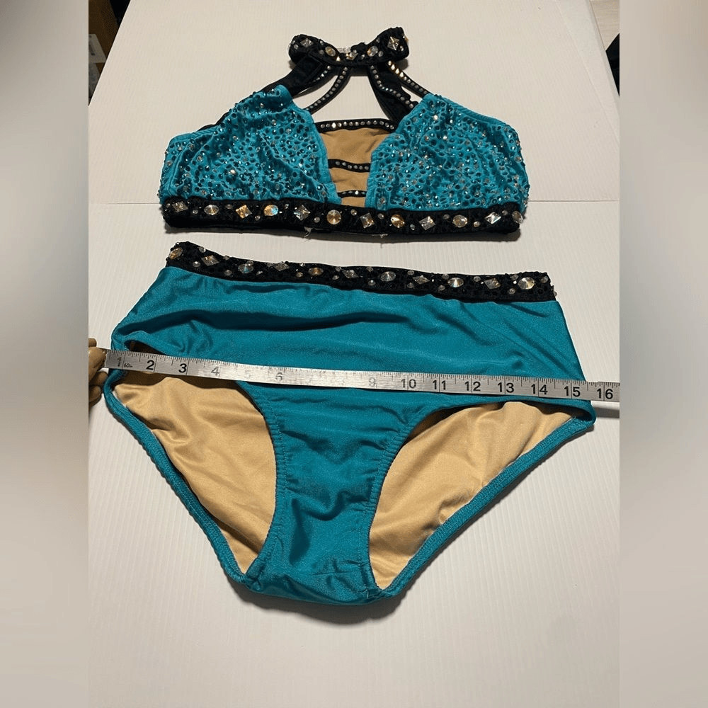 Glamour teal aqua solo 2 piece embellished Dance Costume Leotard LA-Large adult