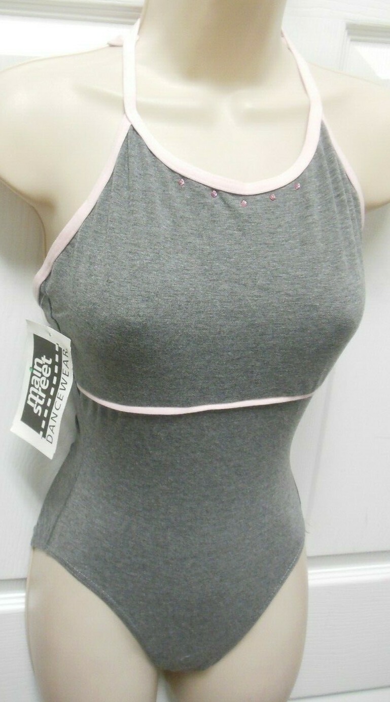 STRAPPY BACK CAMISOLE LEOTARD RHINESTONES Pink Trim Heather Gray cottonSpandex