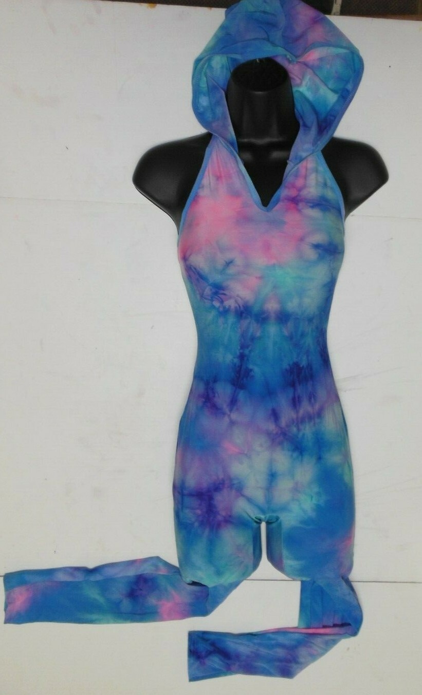Contemporary Hooded Dance Costume Ladies szs Unitard TieDye Blues Fulllength