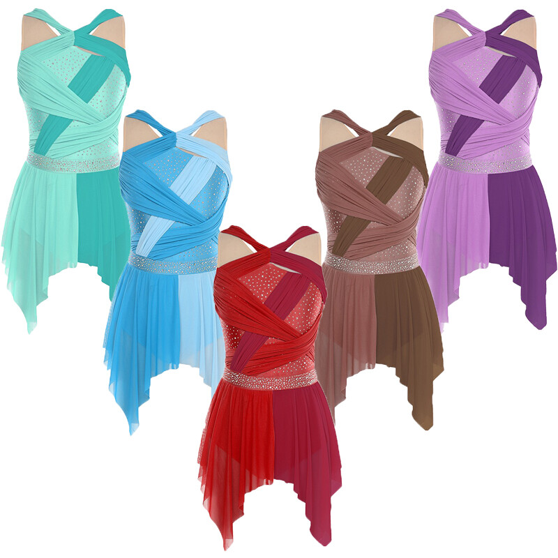 Womens Costume Figure Dress Ballet Dancewear Lyrical Dance Knot Rhinestone Hem