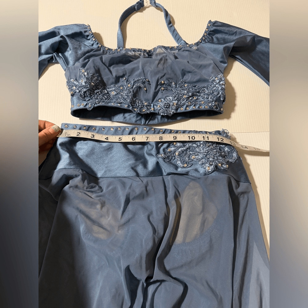 Custom solo dance costume 2 piece light blue long skirt SA-Small adult