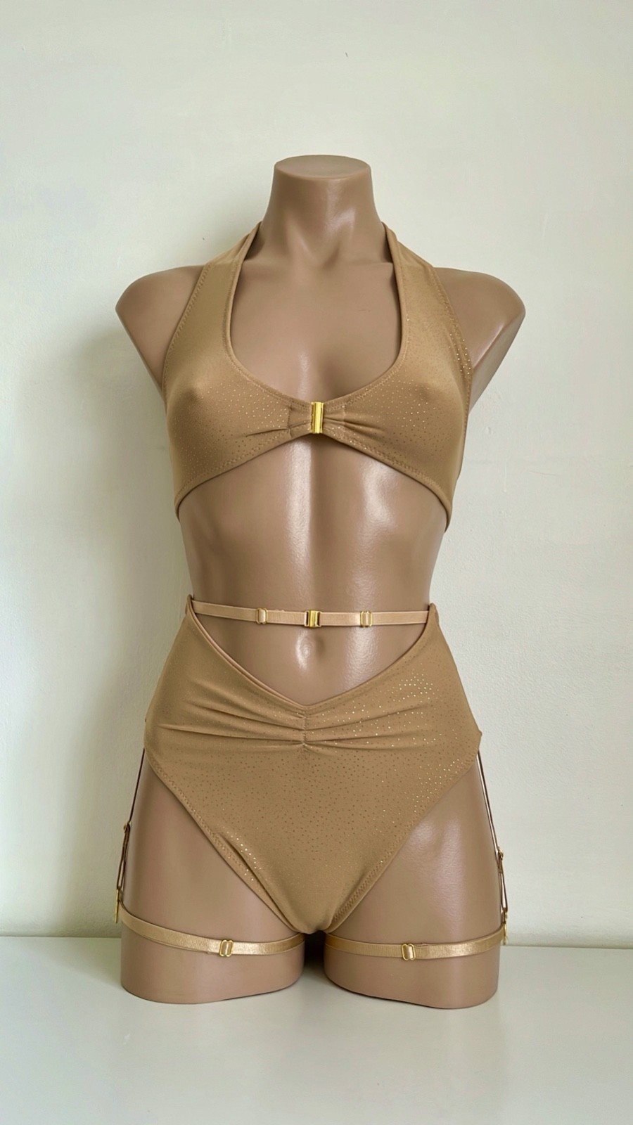 Schminke 👄 pole dance wear sheer nude gold mesh halter top & bottoms high waist