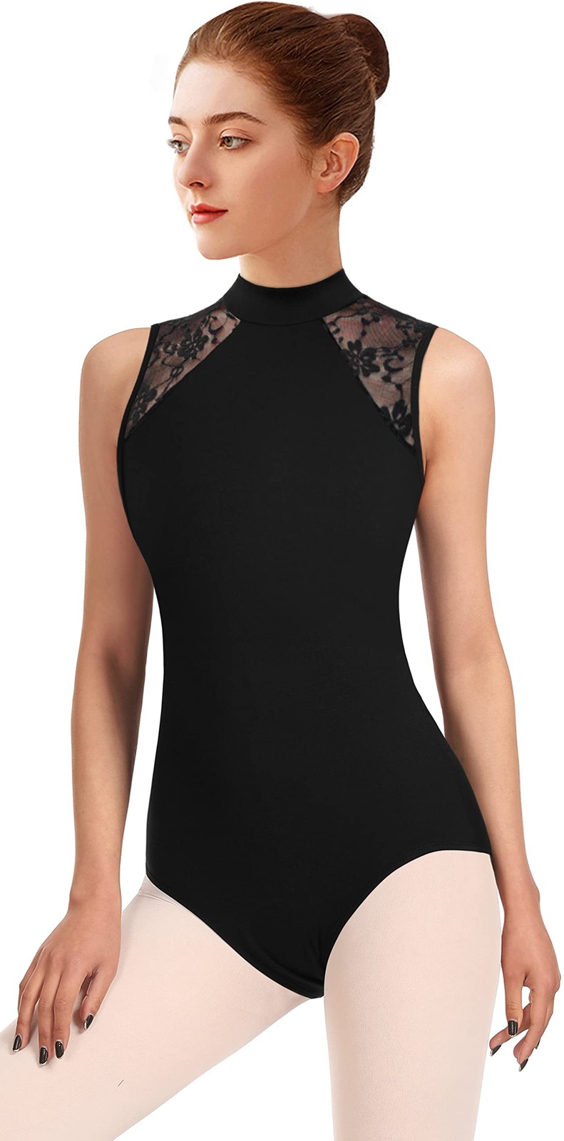 Womens Dance Lace Leotard Tank Ballet Mock Neck Dancewear Hollow Back Wear