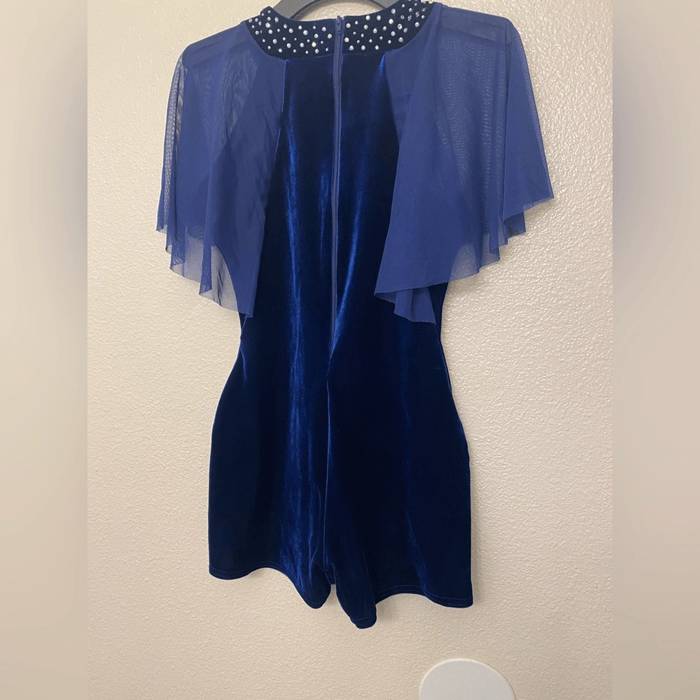 Blue Velvet solo Dance Costume modest custom rhinestoned SA-Small adult