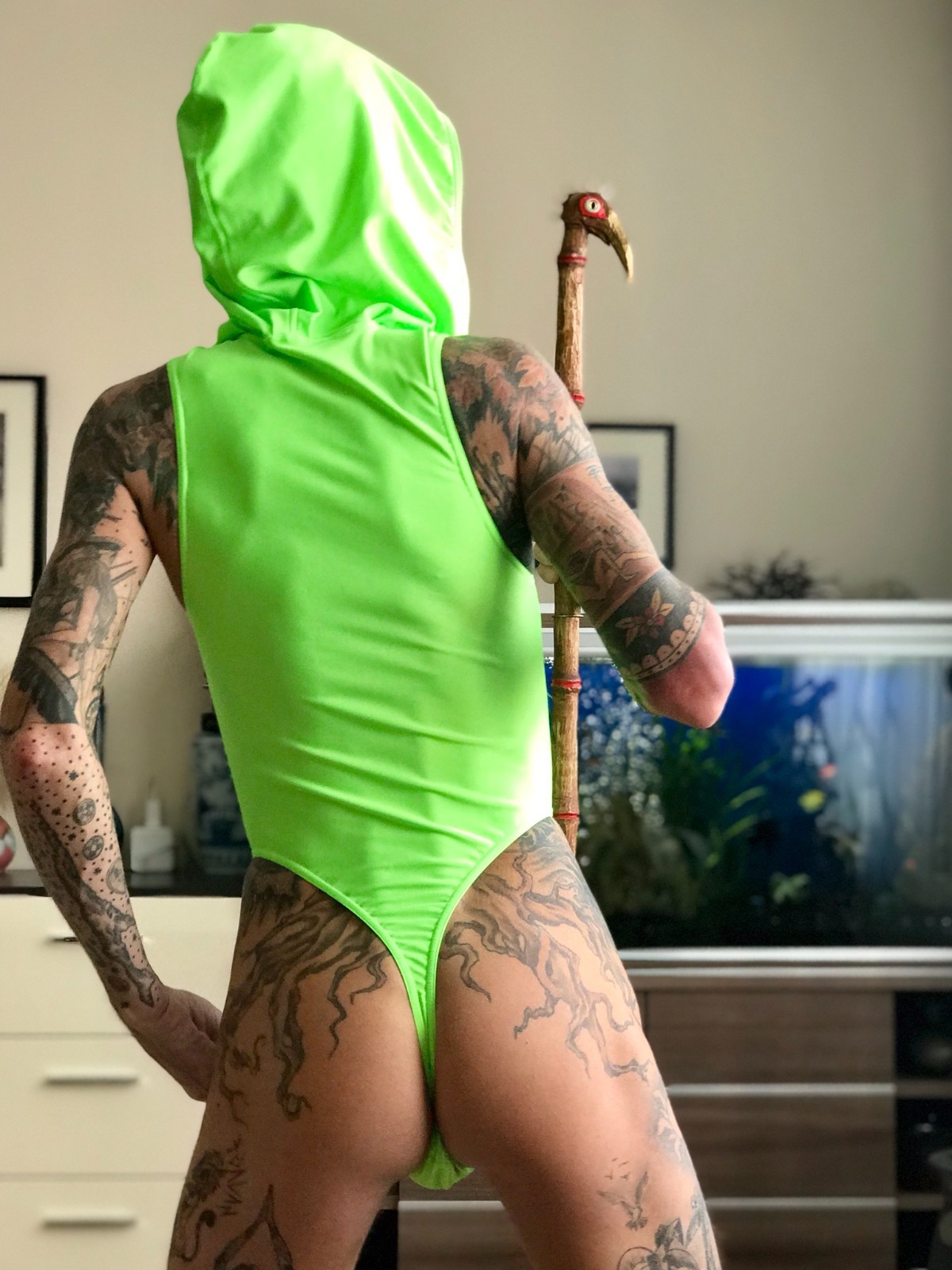 Men Thong Leotard 153-70 Hood Zipper Front Green Spandex and White Mesh Size L