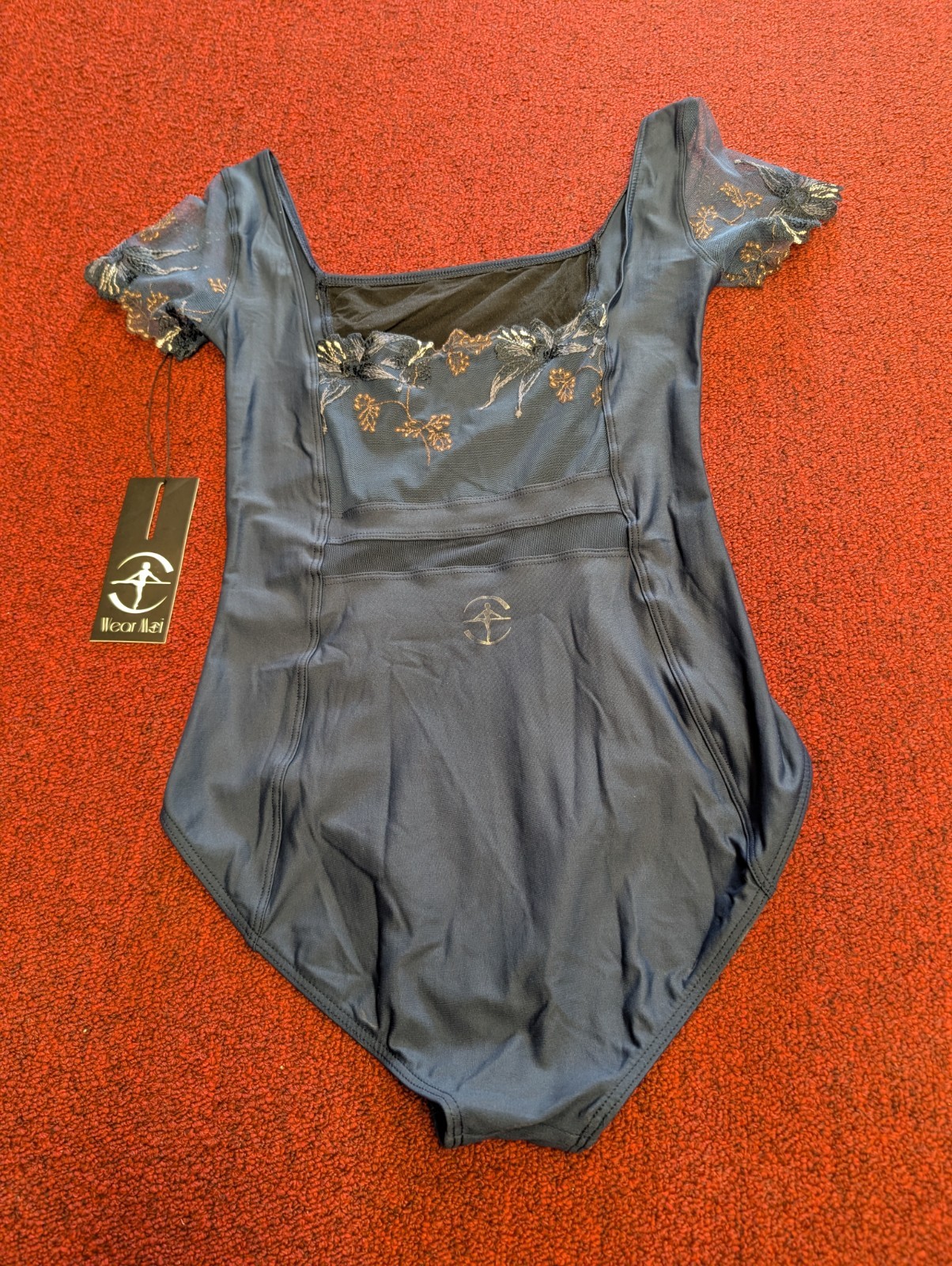 Wear Moi Liseron Navy Cap Sleeve Leotard With Floral Lace Sleeves Accents Dance