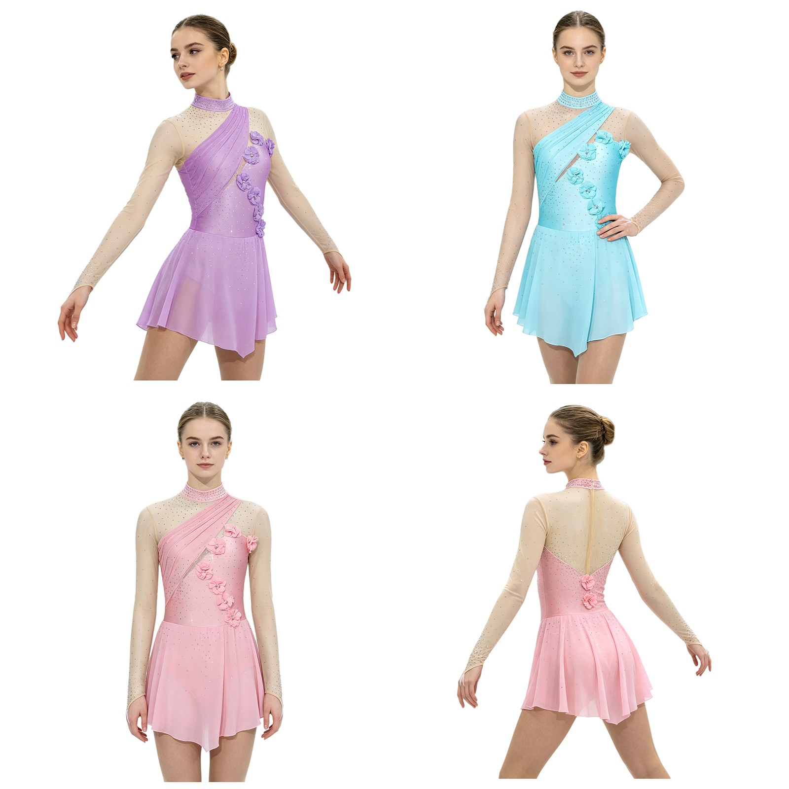 Womens Dancewear Long Sleeve Bodysuit Stage Dress Chiffon Hem Costume Tango