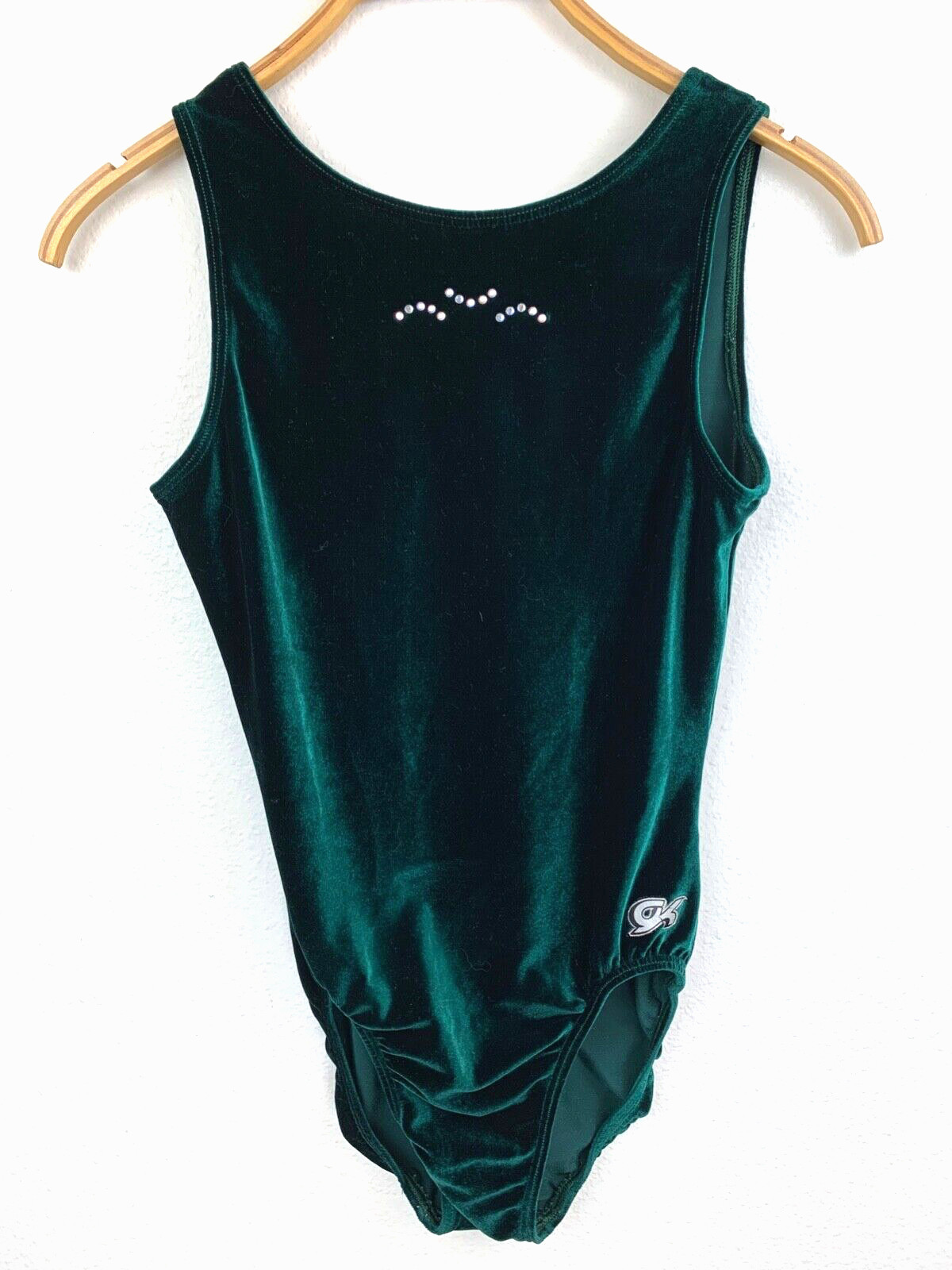 GK Leotard Gymnastics Size S Women’s Dark Green Velour Sleeveless Rhinestones