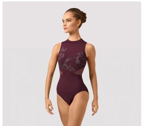 Bloch L4335 Open Mesh Turtleneck leotard Wine Camo Print Ladies Petite