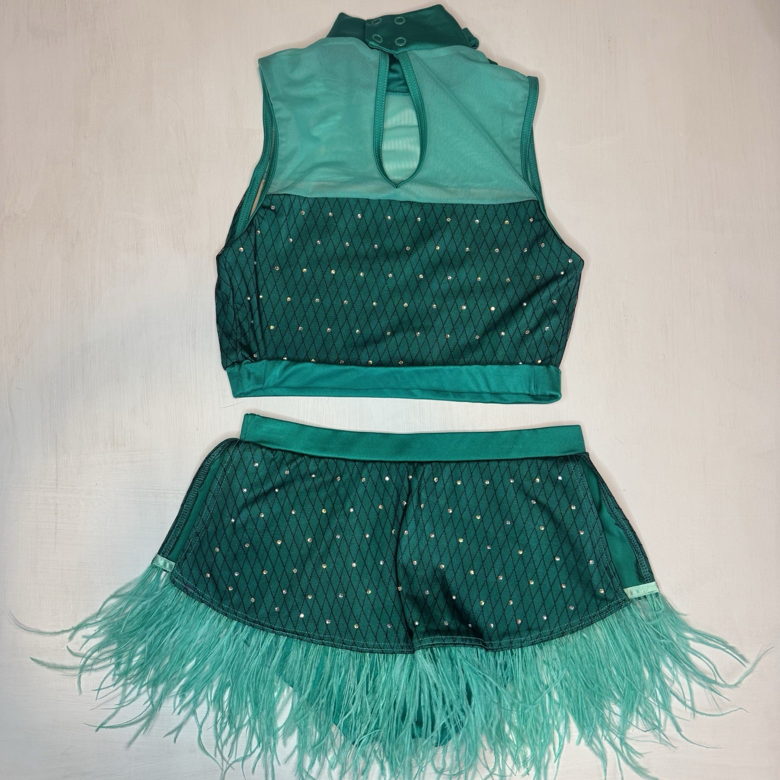 Weissman Elite Dance Costume SA Rhinestones & Ostrich Feathers Teal Bow 2pc Set