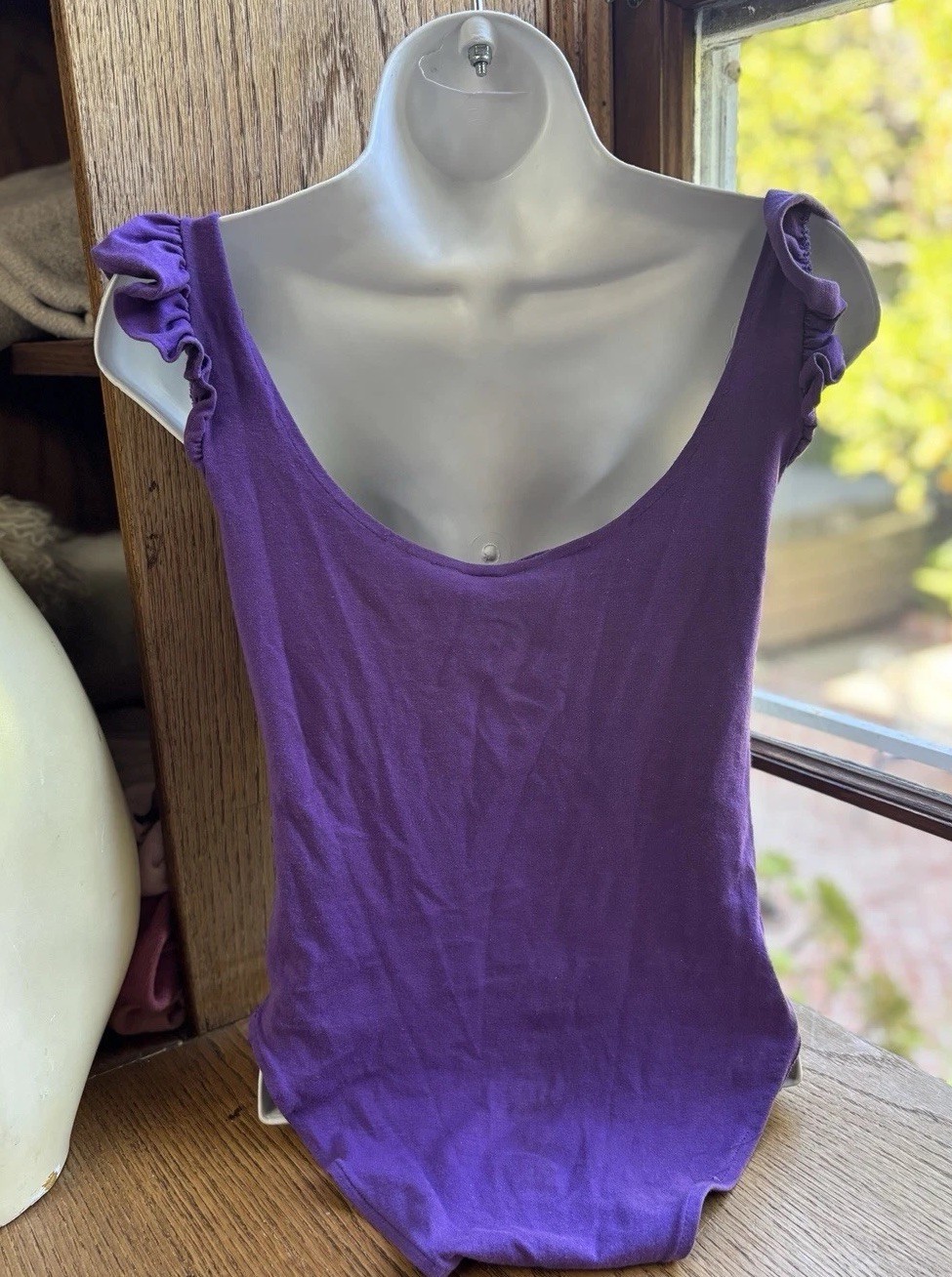 Vintage 80s The East Side Clothing Leotard Ruffle Purple Aerobics Bodysuit