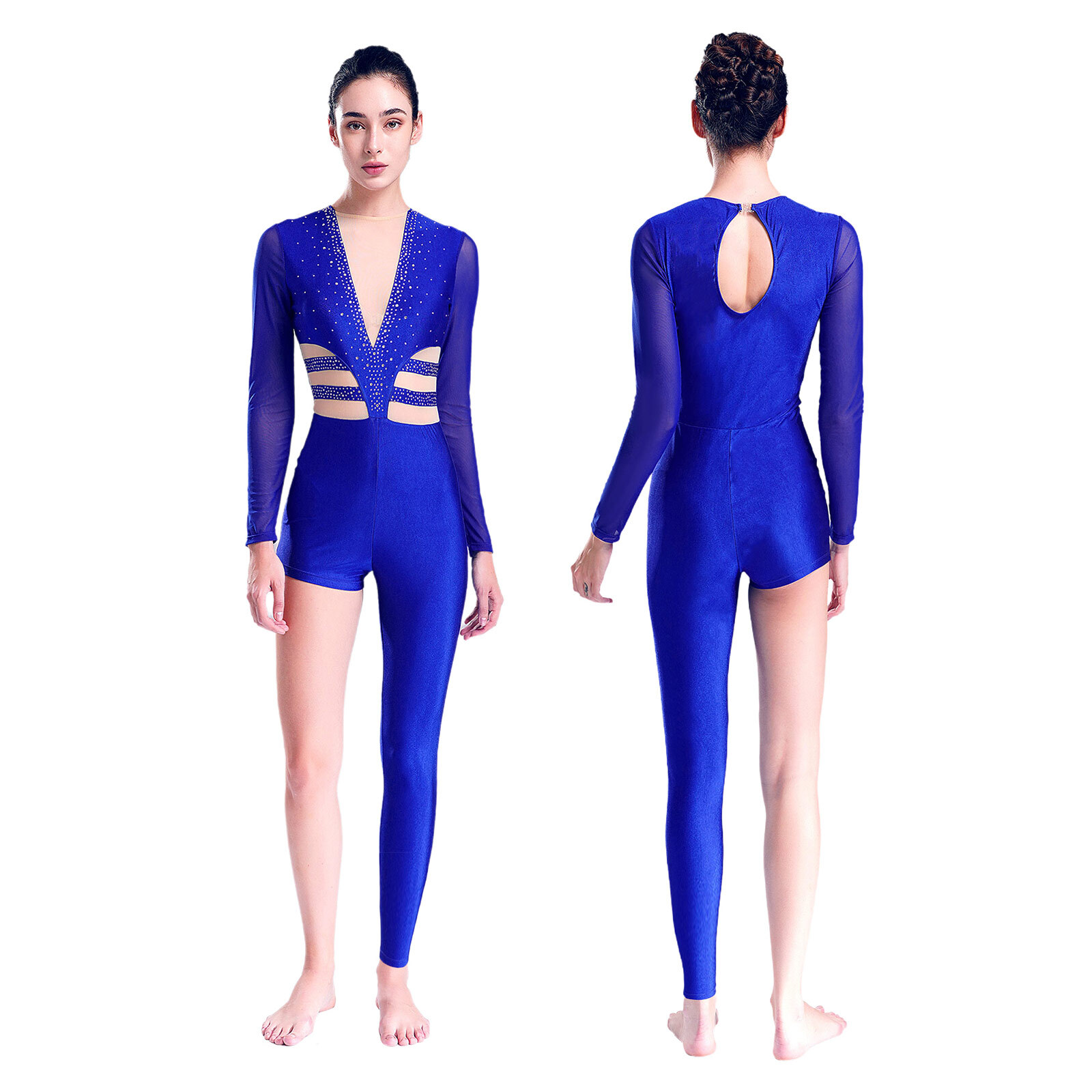 US Womens Ballet Jumpsuit Shiny Rhinestones Gymnastics Long Sleeve Dancewear