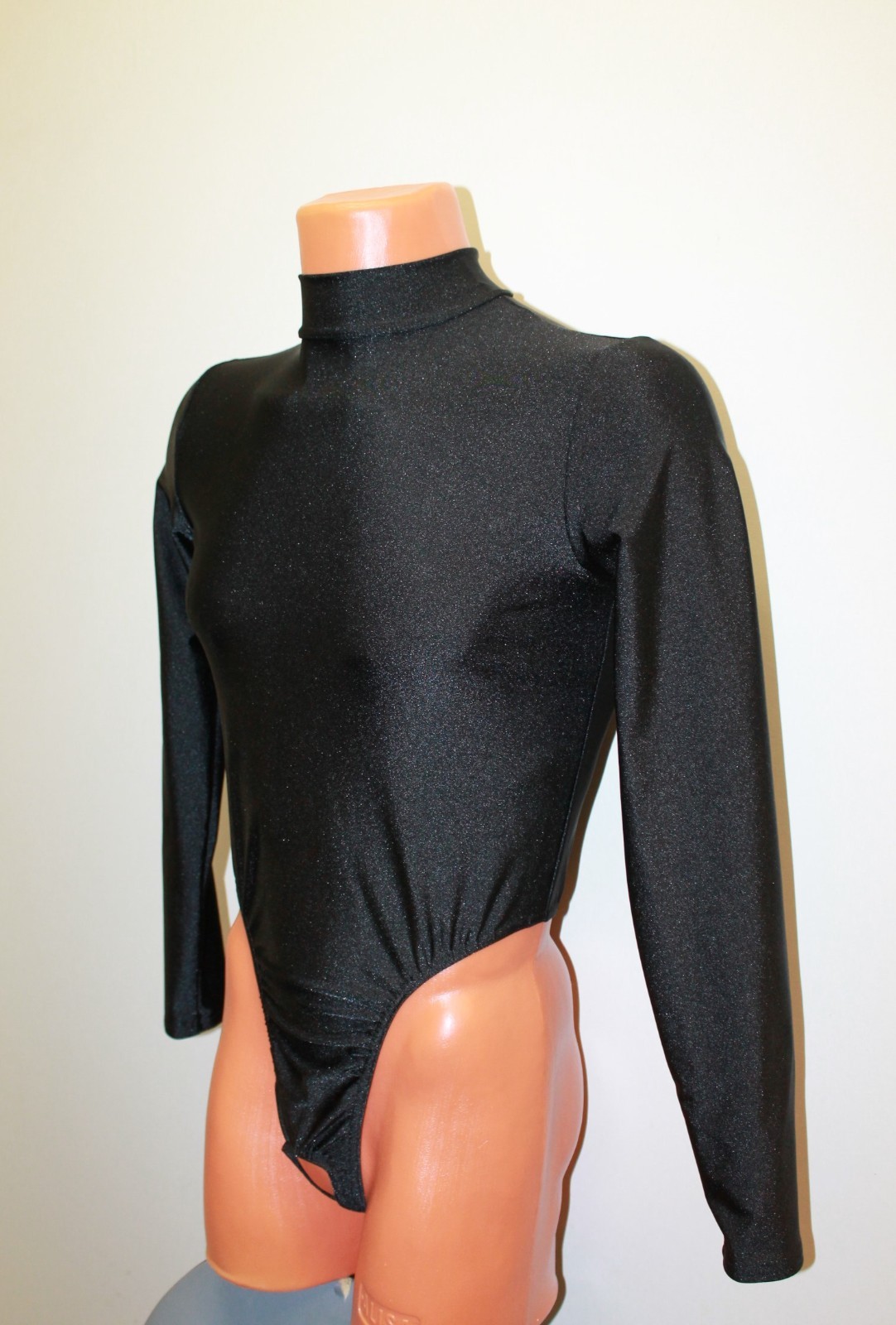 Men Thong Leotard 159-50 Long Sleeve Hole Crotch Black Spandex Size L