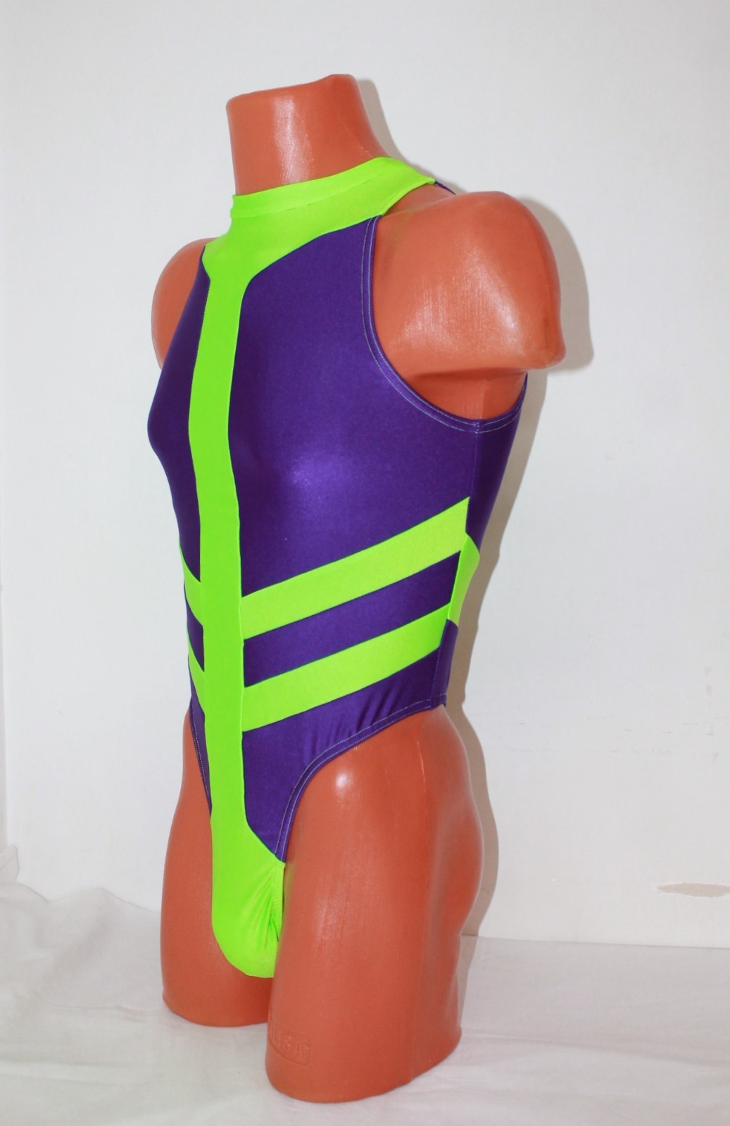 New! Men Thong Leotard 153-42 Purple and Lime Neon Spandex Size L