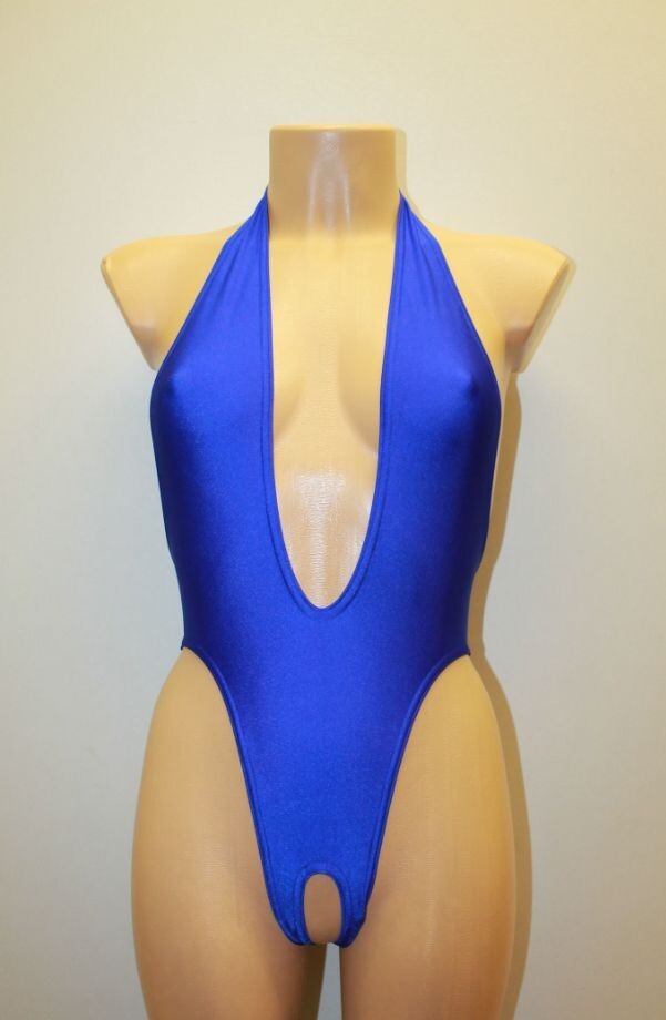 Women Thong Leotard 203-56 Open Back Hole Crotch Royal Blue Spandex Size S