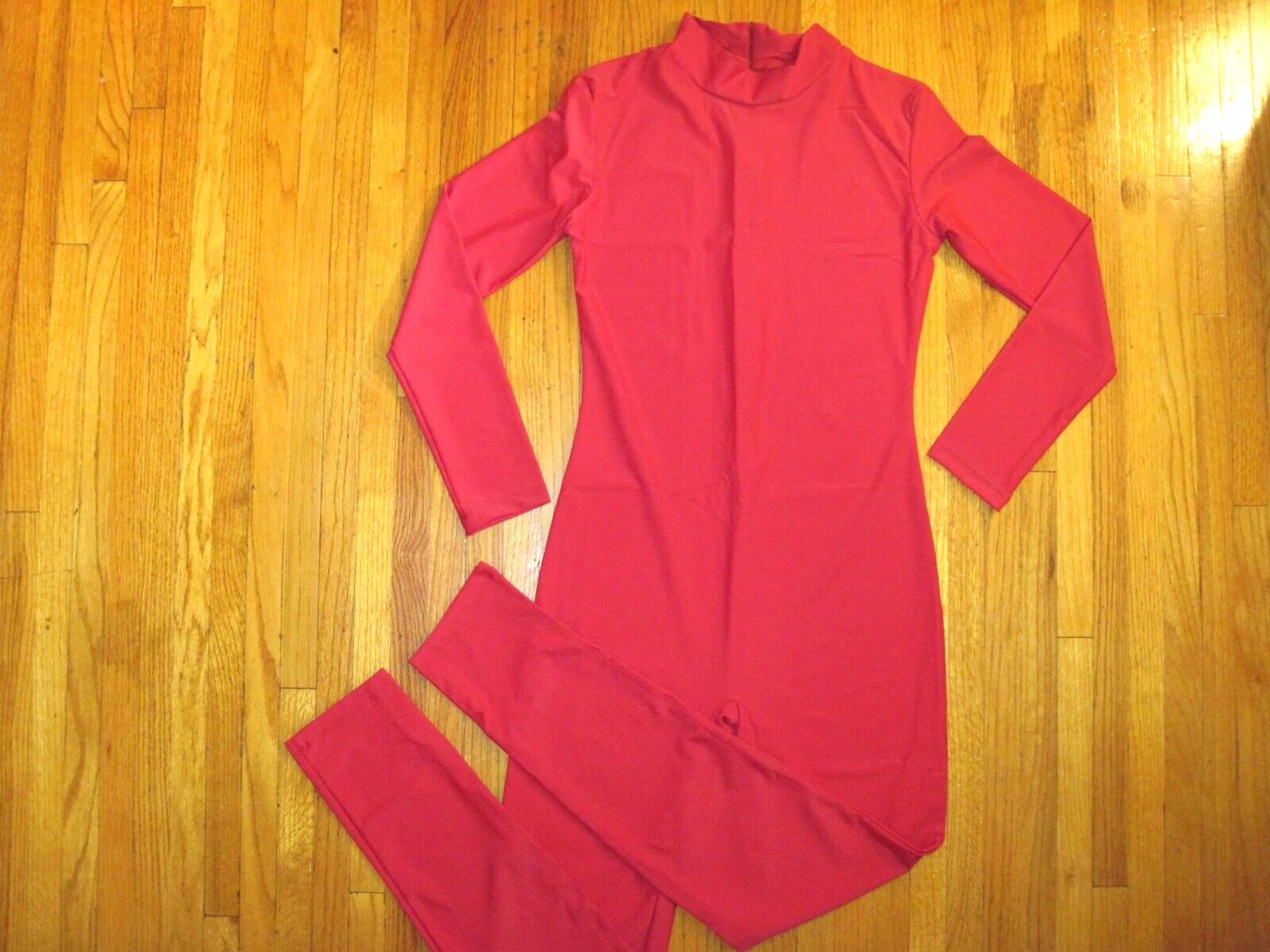 Plus Size Shiny Wine Red Long Sleeve T-Neck Foot Less Unitard Size XL-14-16 New