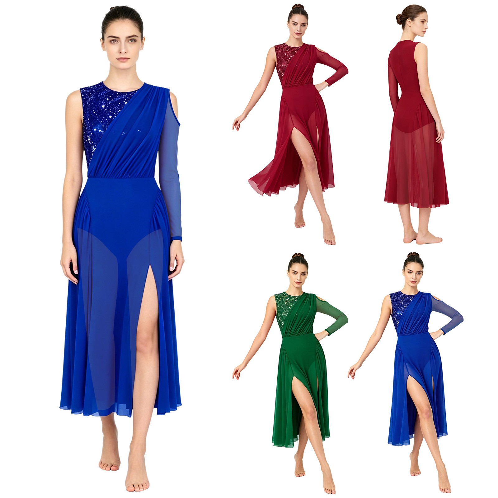 Women Jumpsuit Long Sleeve Dancewear Cold Shoulder Dress Lyrical Sequined Legs