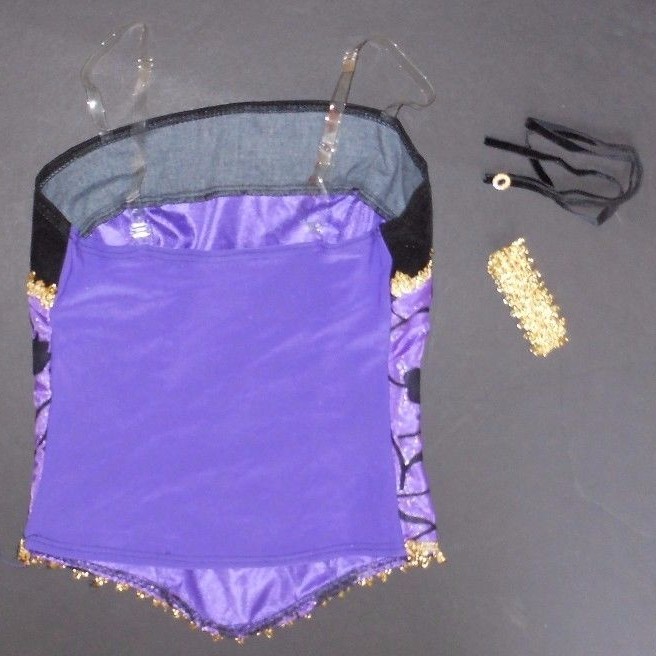 NWOT Flocked purple black basque, clear straps Small adult gold trim choker incl