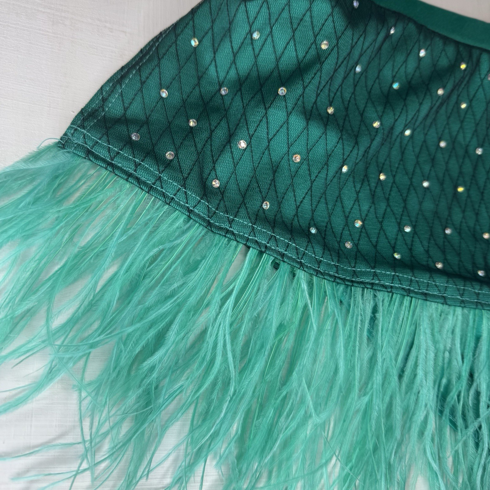 Weissman Elite Dance Costume SA Rhinestones & Ostrich Feathers Teal Bow 2pc Set