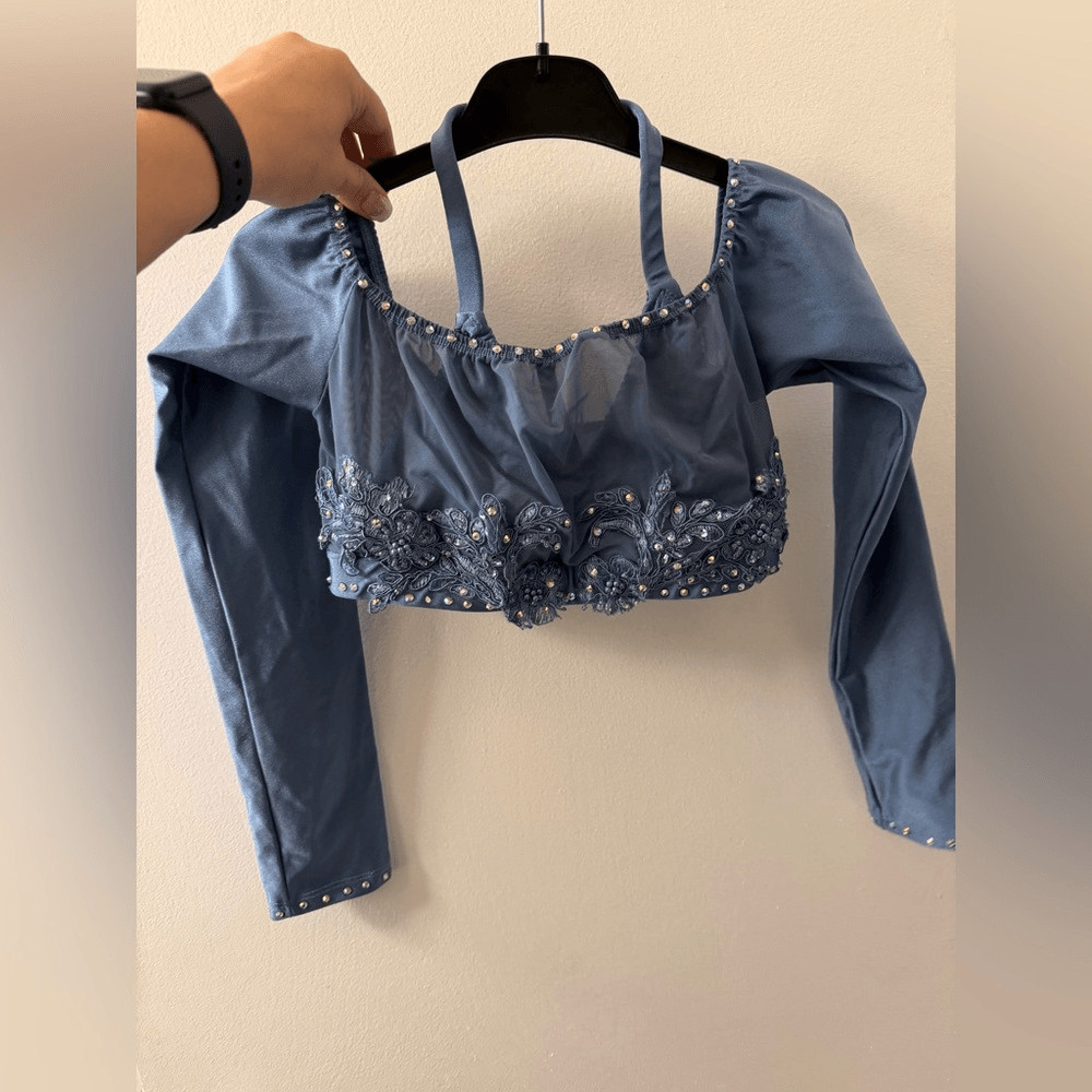 Custom solo dance costume 2 piece light blue long skirt SA-Small adult