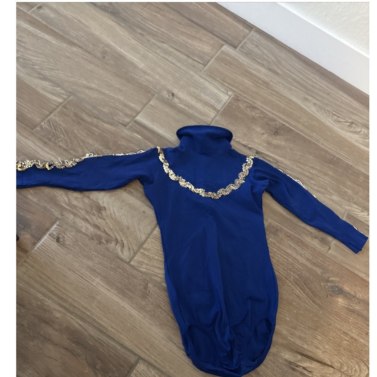 Vintage Danskin Solid Blue Leotard W/ Gold Sequin Trim Zipper Closure kids 8-10