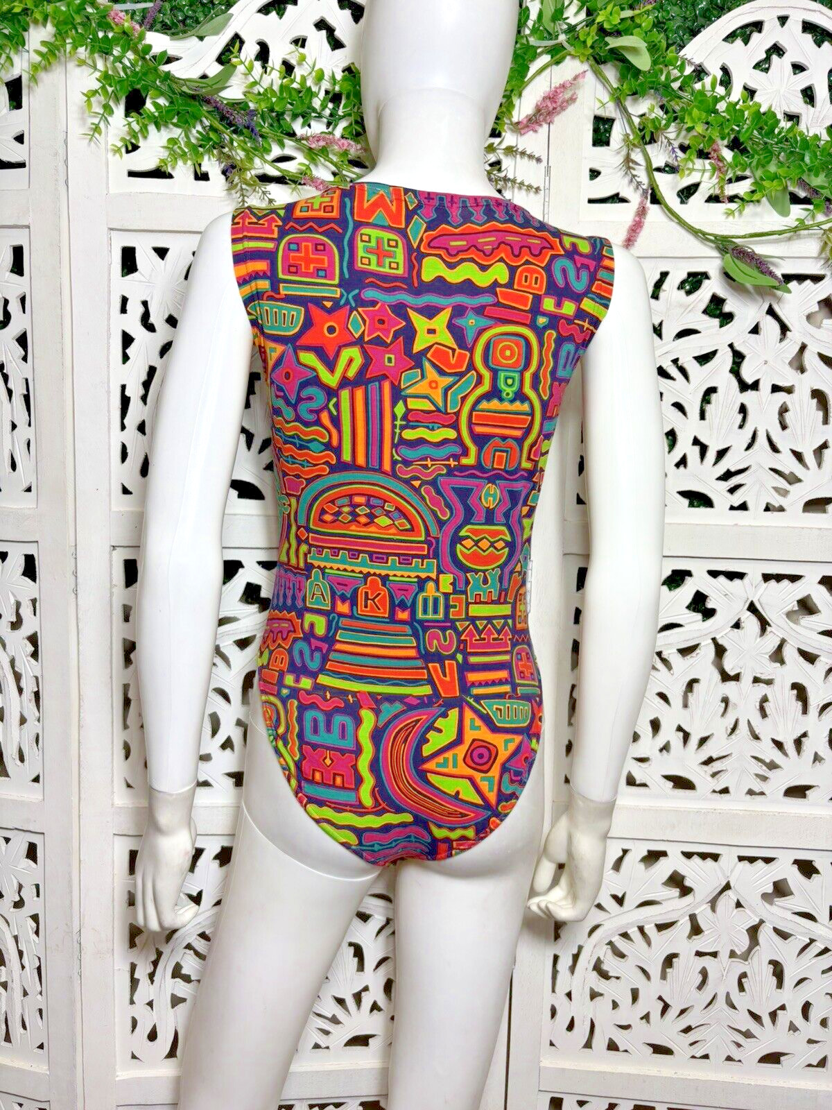Vintage 80s 90s Anne Klein II Neon Abstract Bodysuit Exercise Gym Leotard Small
