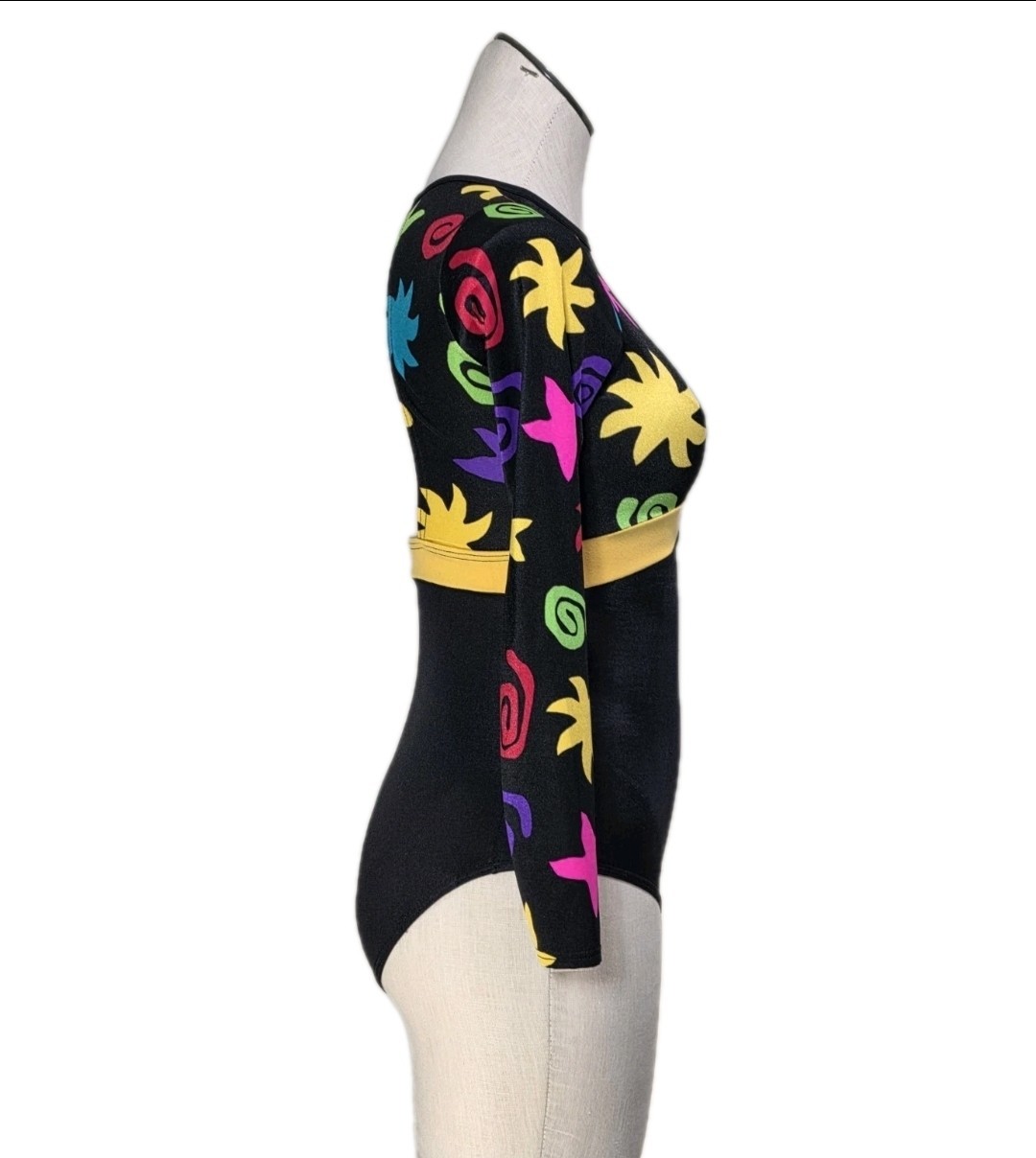 Body Wrappers Vintage 80s Open Back LS Colorful Leotard Dance Preteen Adult XS/S